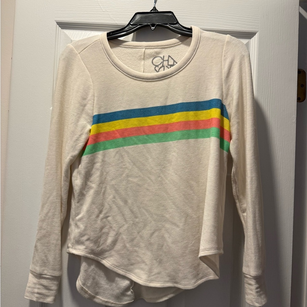 Chaser Cream Long-Sleeve Tee with Blue, Yellow, Pink & Green Stripes